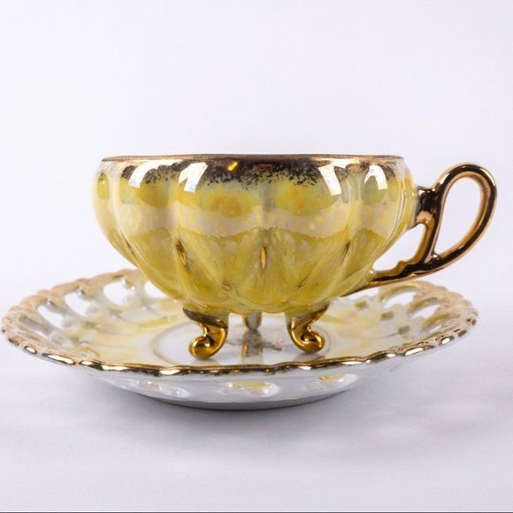 Vintage Royal Sealy Tea Cup in Luster Yellow with Gold and Iridescent Accents - Picture 6 of 8